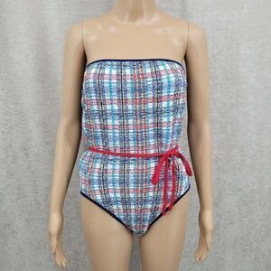 Rose Marie Reid Vintage Plaid Check One Piece Swimsuit Strapless 70s Blue Red